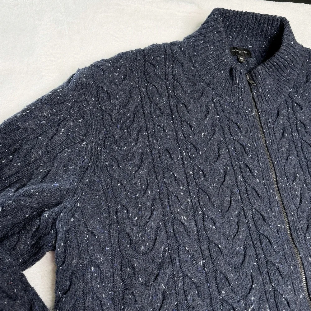 Banana Republic XXL Fisherman Cable Knit Full Zip Sweater Navy Wool Blend Preppy